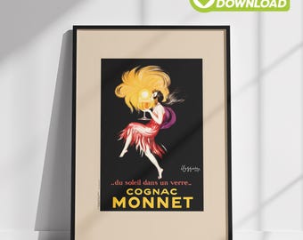 Vintage bardecoratie | Drankposter direct digitale download | Cappiello cognac monnet-print | Franse retro muurkunst wijn en sterke drank