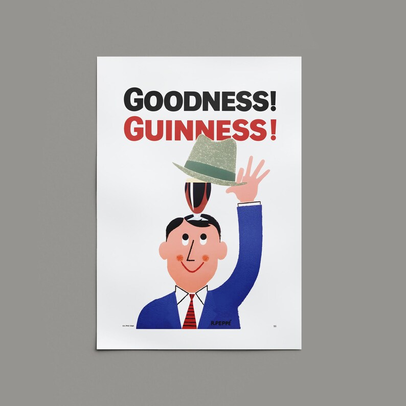 Puede incluir: Un anuncio vintage con una ilustraci&oacute;n de dibujos animados. La imagen muestra a un hombre con un traje azul y corbata roja, extendiendo su mano hacia un sombrero verde. Las palabras "GOODNESS! GUINNESS!" est&aacute;n impresas en negrita.