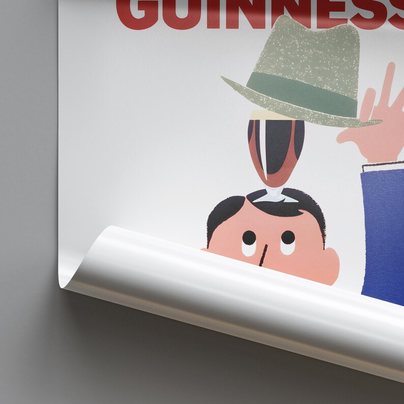Puede incluir: Un p&oacute;ster publicitario vintage de Guinness con una ilustraci&oacute;n estilizada de un hombre con sombrero y una pinta de Guinness. El p&oacute;ster tiene un fondo blanco con la palabra "GUINNESS" en rojo.