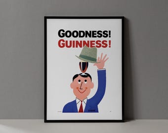Vintage bardecoratie | Ingelijste drankposter | John Gilroy Goodness Guinness-print | Muurkunst retro Iers bier, wijn en sterke drank