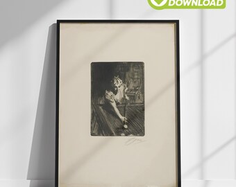 Vintage Print of Woman Playing Pool, Billiards Artwork, Printable Wall Art, Instant Digital Download for Modern Eclectic Home Decor