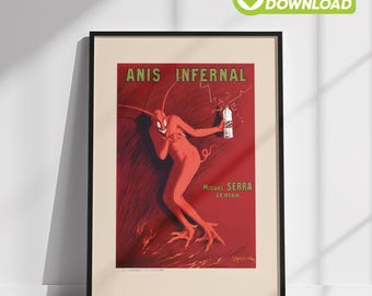 Arredamento da bar vintage / Poster di liquori scaricabile digitalmente / Stampa del diavolo Anis Infernal Assenzio / Arte murale retrò con vini e liquori francesi