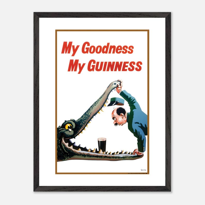 Vintage Bar Decor | Framed Liquor Poster | John Gilroy My Goodness My Guinness Crocodile Print | Retro Irish Beer Wine & Spirits Wall Art image 6
