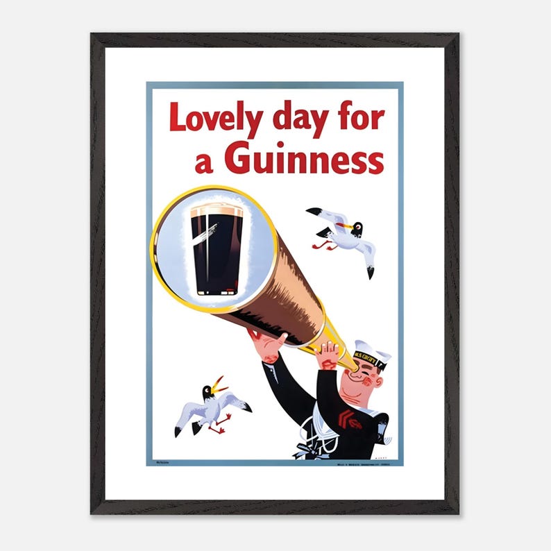Vintage bardecoratie | Ingelijste drankposter | John Gilroy Mooie dag voor een Guinness Sailor-print | Muurkunst retro Iers bier, wijn en sterke drank afbeelding 6