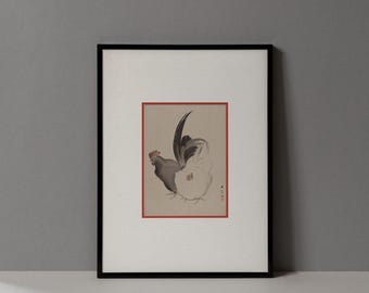 Framed Vintage Japanese Chickens Print | Traditional Art Wall Decor