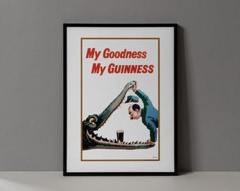 Vintage Bar Decor | Framed Liquor Poster | John Gilroy My Goodness My Guinness Crocodile Print | Retro Irish Beer Wine & Spirits Wall Art