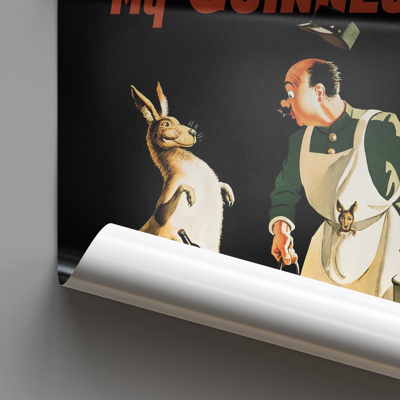 May include: Vintage Guinness advertisement poster featuring a kangaroo and a man in a green jacket and apron. The kangaroo is smiling, and the man looks surprised. The poster has a black background with red text at the top.
