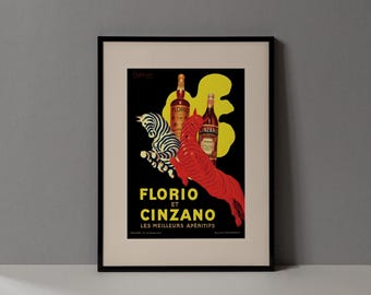 Vintage Bar Decor | Framed Liquor Poster | Cappiello Floria Cinzano Print | Retro Italian Wine & Spirits Wall Art