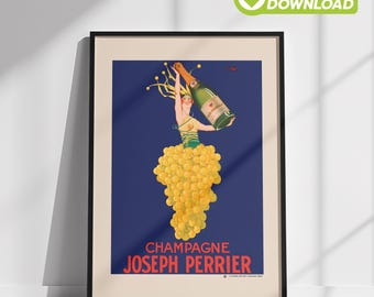 Vintage bardecoratie | Drankposter direct digitale download | Joseph Perrier-champagneprint | Franse retro muurkunst wijn en sterke drank