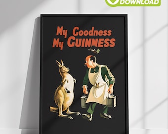 Vintage bardecoratie | Drankposter direct digitale download | John Gilroy Guinness-kangoeroeprint | Muurkunst retro Iers bier, wijn en sterke drank