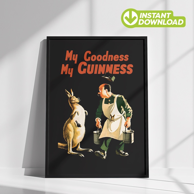 K&ouml;nnte beinhalten: Gerahmtes Vintage-Guinness-Poster mit einem K&auml;nguru und einem Mann in gr&uuml;ner Uniform. Der Text "My Goodness My Guinness" ist in Orange dargestellt. Das K&auml;nguru h&auml;lt Flaschen, und der Mann tr&auml;gt Eimer.