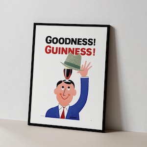 Puede incluir: Impresi&oacute;n enmarcada que presenta un anuncio vintage de Guinness. La obra de arte representa a un hombre con un traje azul y corbata roja, un sombrero verde y las palabras "GOODNESS! GUINNESS!" en negrita. La imagen tiene un estilo retro e ilustrativo.