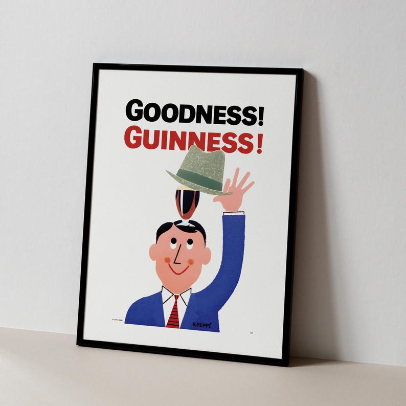 Puede incluir: Impresi&oacute;n enmarcada que presenta un anuncio vintage de Guinness. La obra de arte representa a un hombre con un traje azul y corbata roja, un sombrero verde y las palabras "GOODNESS! GUINNESS!" en negrita. La imagen tiene un estilo retro e ilustrativo.
