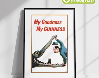 Vintage Bar Dekor | Sofortiger digitaler Download von Spirituosen Poster | John Gilroy Guinness Krokodildruck | Retro irisches Bier Wein & Spirituosen Wandkunst
