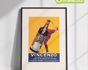 Vintage bardecoratie | Drankposter direct digitale download | Klassieke Vincenzo-aperitiefprint | Italiaanse retro muurkunst wijn en sterke drank