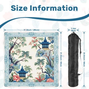 Tropical Garden Mahjong Mat with Non Slip Rubber Backing, Blue Pagoda Bird Design Mat with Carry Bag, Size 31.5"x31.5" (Ship Rolled up) image 2