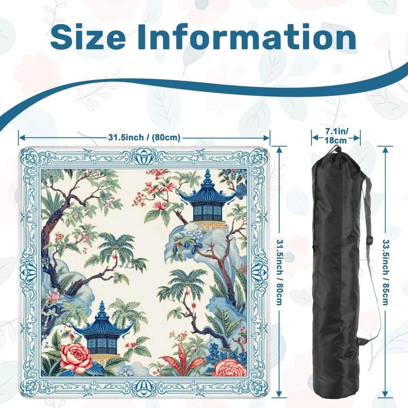 Tropical Garden Mahjong Mat with Non Slip Rubber Backing, Blue Pagoda Bird Design Mat with Carry Bag, Size 31.5"x31.5" (Ship Rolled up) image 2
