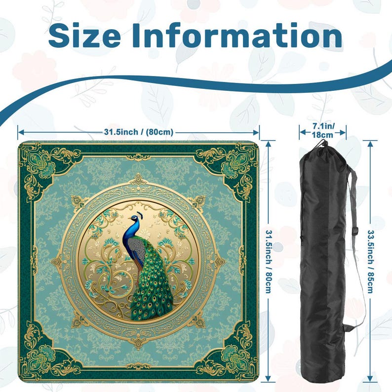 Puede incluir: Una alfombra cuadrada de color verde azulado con un medall&oacute;n central de pavo real dorado y borde ornamentado, de 80 cm por 80 cm, junto a una bolsa de transporte cil&iacute;ndrica negra de 18 cm por 85 cm con el texto Size Information.
