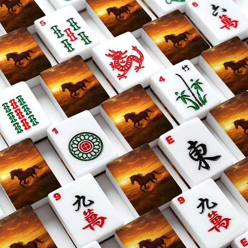 Horse Theme Mahjong Tile Set 166 Pieces, Hand Painted Mahjong Tiles, American Mahjong Game Set, Western Sunset Horse Design Gift zdjęcie 1