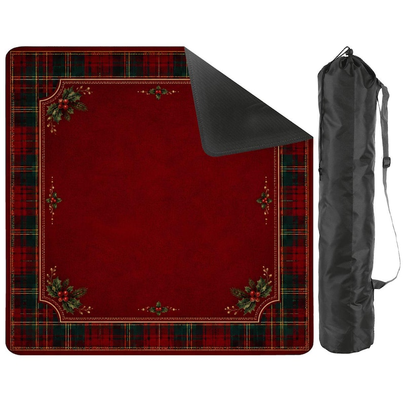 Tapete de Mahjong navideño con diseño de acebo a cuadros rojos y bolsa de transporte, tapete de Mahjong para las fiestas, regalo ideal para una noche de juegos festiva, 80 x 80 cm (se envía enrollado). imagen 1
