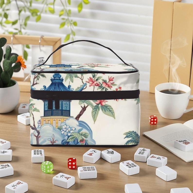 Chinoiserie Mahjong Storage Bag Portable Travel Case Asian Garden Tile Organizer Blue White Floral Carry Case Elegant Gift Idea Bild 1
