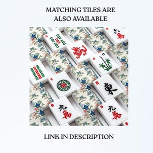 May include: A collection of Mahjong tiles featuring white surfaces with red, green, and black ink characters, symbols, and a dragon illustration. Some tiles display a landscape pattern with trees and buildings. Text reads: MATCHING TILES ARE ALSO AVAILABLE. LINK IN DESCRIPTION.