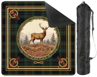 Vintage Deer Mahjong Mat with Carrying Bag,Green Plaid American Mahjong Table Cover,Non Slip Game Mat for Gifts 31.5"x31.5" (Ship Rolled up)