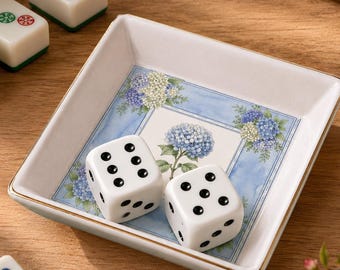 Blue Hydrangea Mahjong Dice Tray, Ceramic Dice Dish with Gold Trim, Floral Game Accessory, Mahjong Night Gift for Players