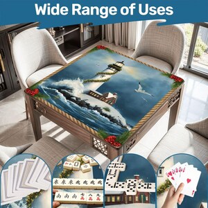 Juego de tapete de mahjong con diseño de faro navideño, tapete de juego con temática costera y bolsa de transporte, regalo ideal para noches de juegos de mahjong, 80 x 80 cm (se envía enrollado). imagen 7