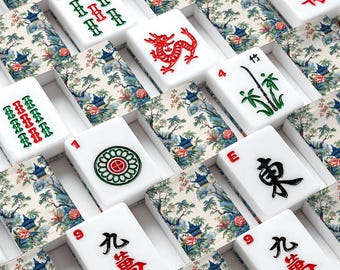 Tropical Garden Blue Pagoda Design Tiles, Mahjong Tile Set 166 Pieces, Luxury Chinoiserie Game Set Gift