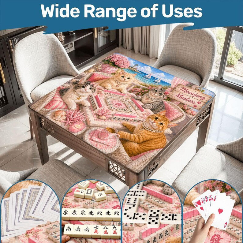Cat Mahjong Mat, Coastal Kitty Game Table Cover, Cute Beach Cat Mahjong Tile Mat, Mahjong Gift Accessory 31.5"x31.5" (Ship Rolled up) afbeelding 9