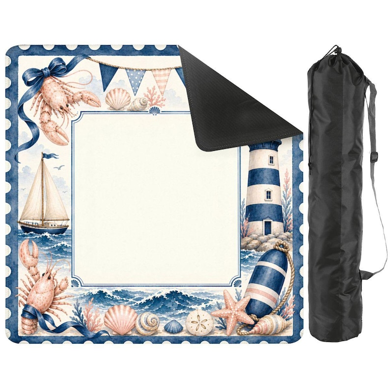 Lighthouse Mahjong Table Mat with Travel Carry Bag, Nautical Coastal Tile Game Mat, Mahjong Accessory Gift 31.5"x31.5" (Ship Rolled up) afbeelding 1