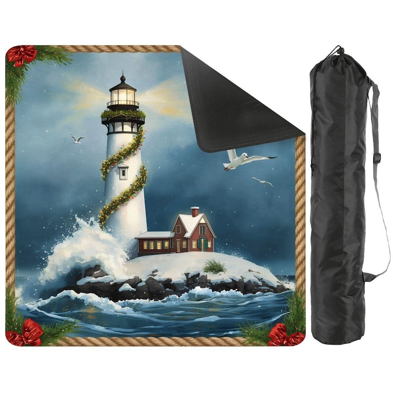 Juego de tapete de mahjong con diseño de faro navideño, tapete de juego con temática costera y bolsa de transporte, regalo ideal para noches de juegos de mahjong, 80 x 80 cm (se envía enrollado). imagen 1