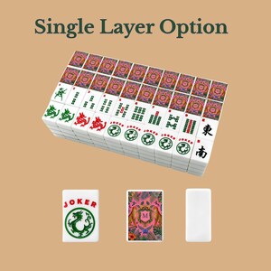 May include: A set of white mahjong tiles with green and red ink designs, including Joker tiles, numbered tiles, and directional characters. The back of the tiles features a pink floral pattern with two leopards and a central letter M. Text reads Single Layer Option.