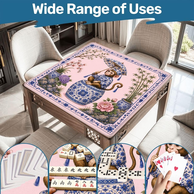 Pink Monkey Mahjong Mat, Chinoiserie Mahjong Table Cover, Floral Monkey Gift, Portable Mahjong Accessories 31.5"x31.5" (Ship Rolled up) image 7