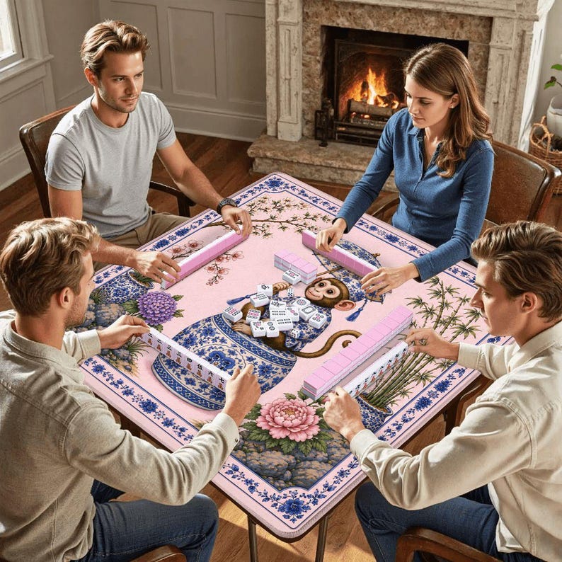 Pink Monkey Mahjong Mat, Chinoiserie Mahjong Table Cover, Floral Monkey Gift, Portable Mahjong Accessories 31.5"x31.5" (Ship Rolled up) image 6