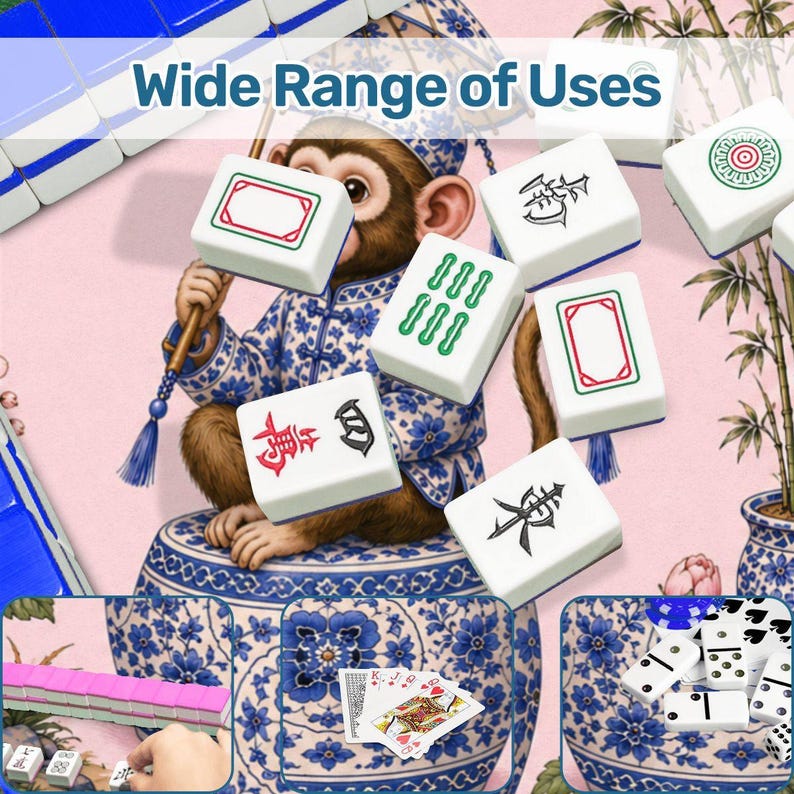 Pink Monkey Mahjong Mat, Chinoiserie Mahjong Table Cover, Floral Monkey Gift, Portable Mahjong Accessories 31.5"x31.5" (Ship Rolled up) image 8