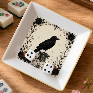 Halloween Raven Mahjong Dice Dish Gold Trim Ceramic Mahjongg Accessory Trinket Tray for Dice Coins Rings Gift for Spooky Game Night Decor image 1