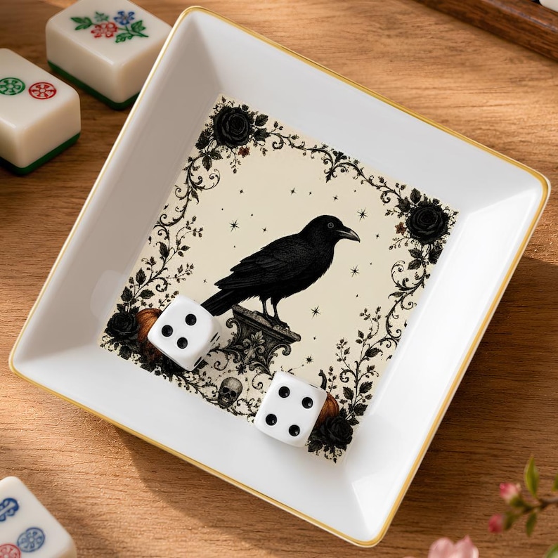 Halloween Raven Mahjong Dice Dish Gold Trim Ceramic Mahjongg Accessory Trinket Tray for Dice Coins Rings Gift for Spooky Game Night Decor image 1