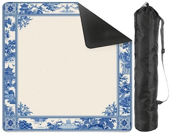 Chinoiserie Mahjong Mat with Bag – Blue Foldable Waterproof Game Mat 31.5"x31.5" for Mahjong, Card Games, Tabletop Play and Decor