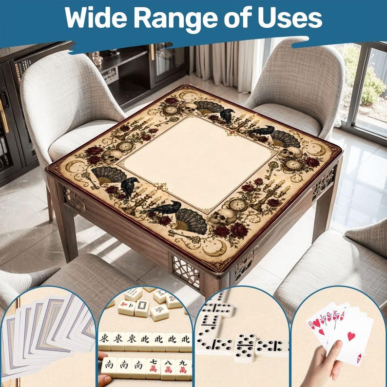 Gothic Raven Mahjong Mat,Halloween Mat with Carry Bag , Spooky Game Night Accessory Gift for Mahjong Players 31.5"x31.5" (Ship Rolled up) image 7