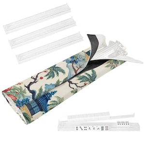 May include: A fabric carrying case with a cream background and a blue and green botanical and pagoda print, containing clear plastic mahjong racks. Additional clear plastic racks and a set of white mahjong tiles are displayed separately.