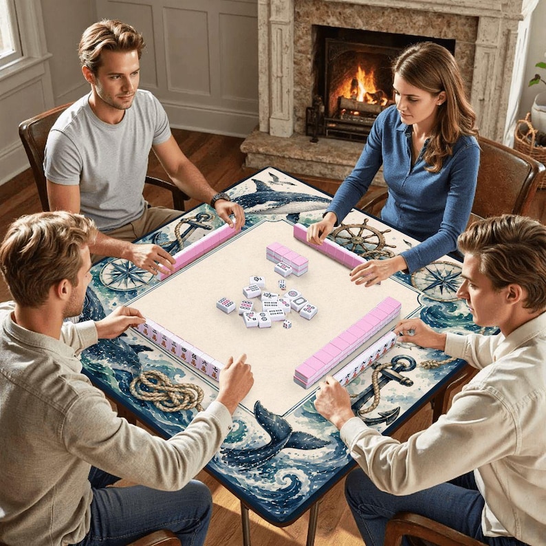 Nautical Mahjong Table Mat with Travel Carry Bag, Whale Anchor Ocean Tile Game Mat, Mahjong Accessory Gift size 31.5"x31.5" (Ship Rolled up) Bild 6