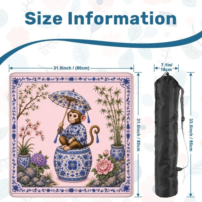 Pink Monkey Mahjong Mat, Chinoiserie Mahjong Table Cover, Floral Monkey Gift, Portable Mahjong Accessories 31.5"x31.5" (Ship Rolled up) image 2