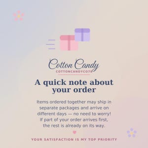 K&ouml;nnte beinhalten: Eine digitale Grafik mit weichem Farbverlauf, zwei Geschenkbox-Symbolen, dem Text Cotton Candy COTTONCANDYCO78 und der Nachricht: A quick note about your order. Items ordered together may ship in separate packages and arrive on different days &mdash; no need to worry! If part of your order arrives first, the rest is already on its way. YOUR SATISFACTION IS MY TOP PRIORITY.