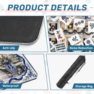 Christmas Chinoiserie Mahjong Mat Set, Blue White Mansion Game Mat with Carry Bag, Holiday Mahjong Gift 31.5"x31.5" (Ship Rolled up) zdjęcie 5
