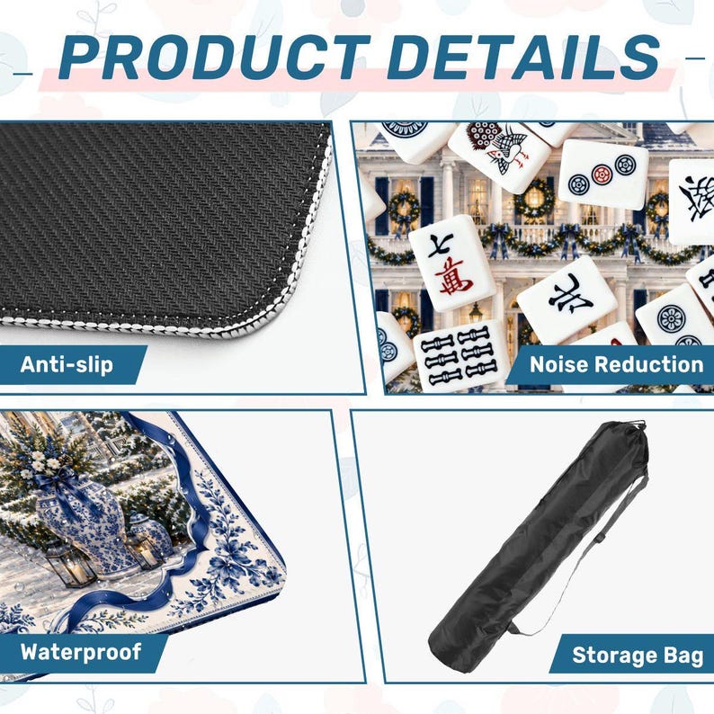Christmas Chinoiserie Mahjong Mat Set, Blue White Mansion Game Mat with Carry Bag, Holiday Mahjong Gift 31.5"x31.5" (Ship Rolled up) zdjęcie 5