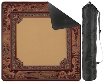 Mahjong Table Mat with Carry Bag – Foldable Waterproof 31.5"x31.5" Game Mat in Warm Brown with Intricate Border for Mahjong and Card Games
