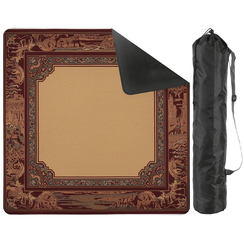 Mahjong Table Mat with Carry Bag – Foldable Waterproof 31.5"x31.5" Game Mat in Warm Brown with Intricate Border for Mahjong and Card Games image 1