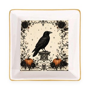 Halloween Raven Mahjong Dice Dish Gold Trim Ceramic Mahjongg Accessory Trinket Tray for Dice Coins Rings Gift for Spooky Game Night Decor image 3